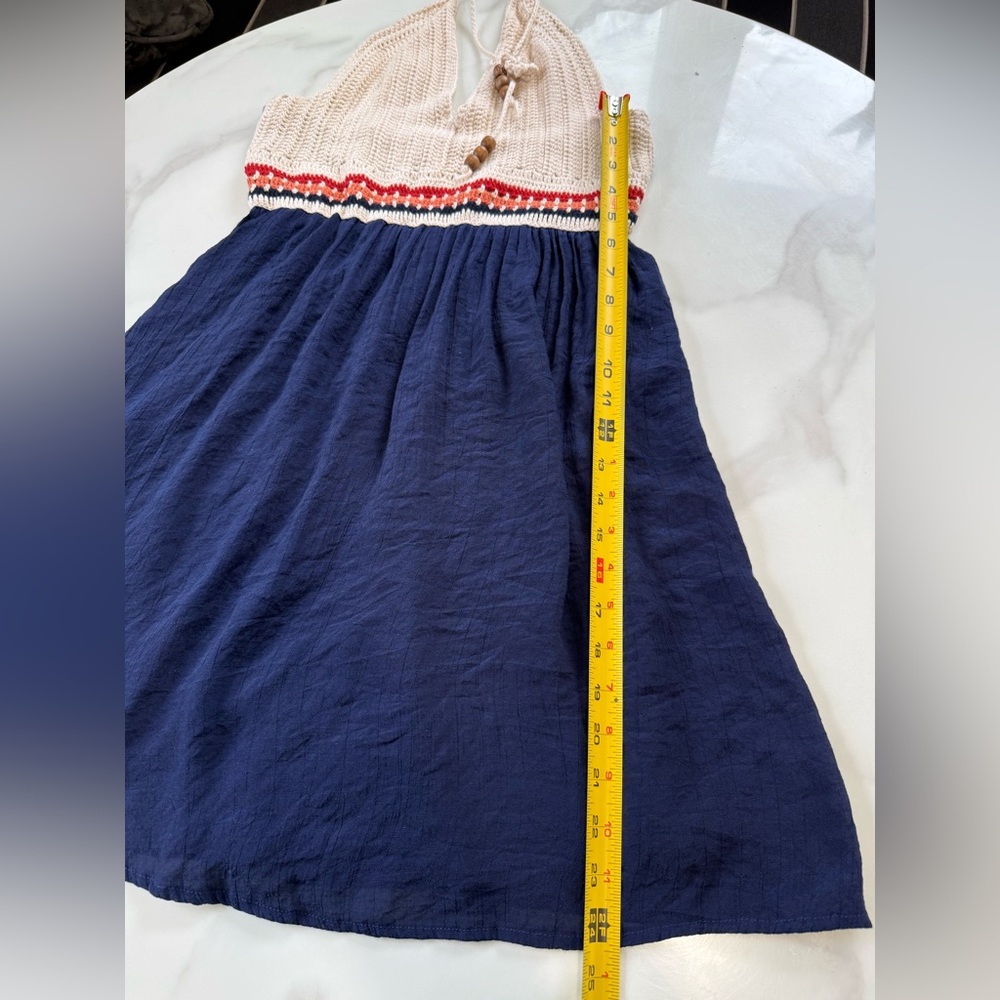Speechless Navy Dress with Crochet Cream Bodice and Striped Waist - Picture 10 of 13